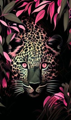 a leopard's face surrounded by pink leaves