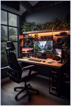 a computer desk with two monitors and a keyboard on it in front of a window