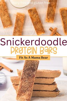 Two images of dairy free snickerdoodle protein bars with text between the images. Protein Bars Vegan, Dairy Free Protein Bars, Snickerdoodle Desserts, Gluten Free Protein Bars, Cinnamon Bars, Snickerdoodle Bars, Gluten Free Snickerdoodles, Healthy Protein Bars, Dairy Free Protein