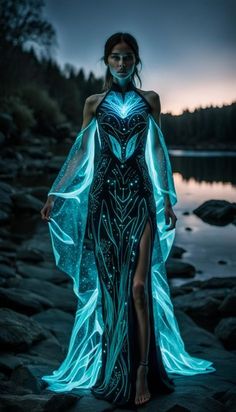 Water Dress Aesthetic, Extragalactic Fashion, Summer Fantasy Outfit, Water Inspired Dress, Water Inspired Outfits, Futuristic Gown, Futuristic Dress, Futuristic Costume, Fantasy Clothes