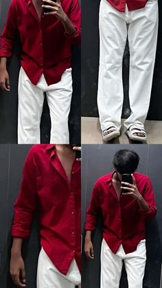 come on! red and white outfits are so underrated. Red Dress Shirt Men Outfits, Red Shirt Outfit Men Casual, Red T Shirt Outfit Men, Cool Casual Outfits, Guys Fashion Casual, Mens Smart Casual Outfits, Smart Casual Menswear, 21men, Classy Outfits Men