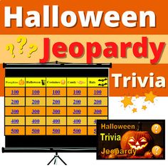 the halloween jeopardy trivia is on display