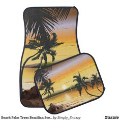 two palm trees on the beach at sunset car mats, one with an ocean view