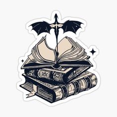 an open book with bats flying out of it and some books stacked on top of each other