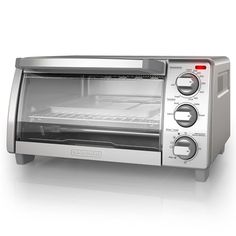 the toaster oven is silver and black