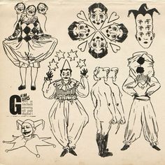 an old drawing of clowns from the early 1900's and 1950's