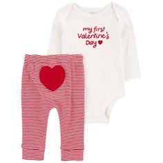 Made to match, this festive set is complete with a long-sleeve bodysuit and a coordinating pair of easy on pants. The 2-Piece My First Valentine's Day Bodysuit Pant Set is Standard 100 by OEKO-TEX, so it's certified clean. Carter Kids, Free Jeans, Red Baby, Cotton Bodysuit, Carters Baby, Set Outfit, Pant Set, Shop Clothing