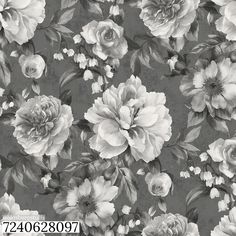 a black and white floral wallpaper with roses on it's back drop down