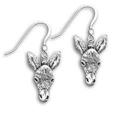 pair of giraffe head earrings in silver tone with dangling earwires on white background