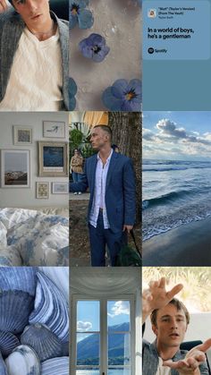 a collage of photos with blue and white flowers in the middle, an image of a man holding his hand up to his ear