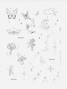 an image of some drawings on paper with stars and butterflies in the sky above them