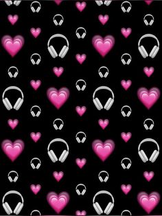 pink and white headphones with hearts on a black background seamless wallpaper pattern