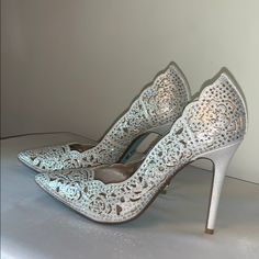 Beautiful, Elegant High Heeled 4inch Wedding Like Dress Shoes. Silver Upper Fabric And Rhinestones Throughout. Pretty Turquoise Sole With Traction On The Sole Of The Shoe. Bought For Special Occasion And Did Not Get To Wear. Betsey Johnson Shoes, Silver High Heels, Elegant High Heels, Betsy Johnson, High Heel Pumps, Betsey Johnson, Pumps Heels, Wedding Shoe, Shoes Women Heels