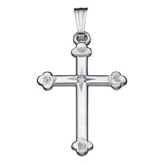 A polished sterling silver budded cross pendant with a diamond accent and engraved accents on a Rolo-style chain necklace. Diamond Total Weight: 0.01 ct Cross Dimensions: 14 mm W x 28 mm H Chain Length: 18" Silver Diamond Cut Pendant Cross Necklace, Sterling Silver Diamond Cut Cross Pendant Necklace, Sterling Silver Diamond Cut Cross Necklace, Sterling Silver Cross Necklace With Diamond Cut, Silver Diamond Cut Cross Necklace For Anniversary, White Gold Polished Cross Necklace, Silver Diamond-cut Cross Necklace For Anniversary, Engraved White Gold Cross Necklace, Sterling Silver Cross Necklace With Diamond Accents