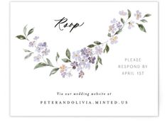 a white card with purple flowers and green leaves on it, the word ripp is written