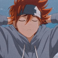 an anime character with red hair and eyes closed, holding his hands behind his head