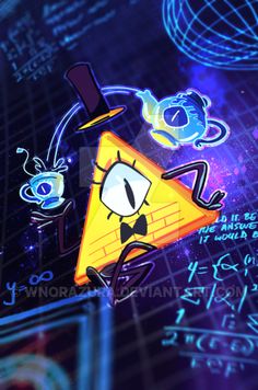 an animated cartoon character in front of some blue and purple background with writing on it