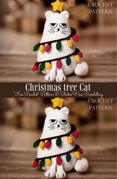 two crocheted christmas tree cats sitting next to each other