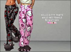 two women wearing hello kitty pants and matching shoes