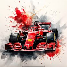 a painting of a red race car with splashing paint