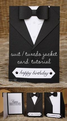 a black and white birthday card with a bow tie on it, next to two small greeting cards