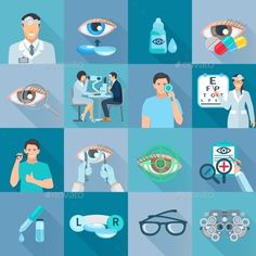 flat icons set with eye doctor and medical equipment - people characters