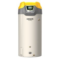 a water heater with thermometer on it's side and yellow trim