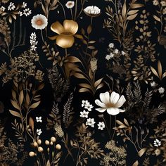 Odette Arboretum Wallpaper - Painted Paper Peel And Stick Wallpaper Ideas, Woodland Pattern, Gold Backdrop, Flower Dance, Salon Suites, Gold Palette, Black Backdrops, Botanical Illustrations