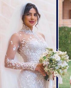 the bride and groom are posing for pictures in their wedding gowns, one is holding a bouquet