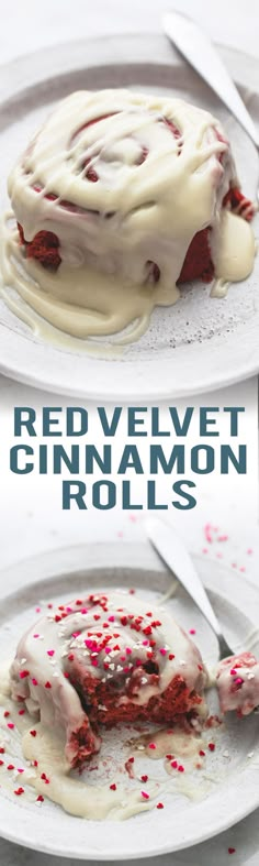 red velvet cinnamon rolls with white frosting and sprinkles