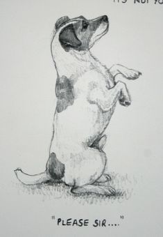 a black and white drawing of a dog sitting on its hind legs with the caption please sir