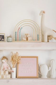 a shelf filled with toys and knick knacks