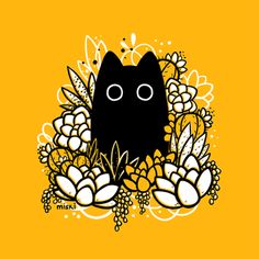 a black cat sitting in the middle of some flowers and plants on a yellow background