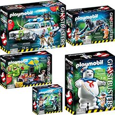 three playmobil ghostbus action figures are shown in the same box as each other