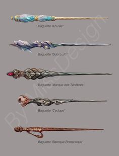 four different types of wands are shown in this image, including one with an arrow and