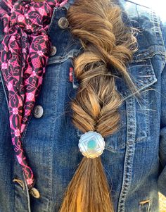 "Hair Concho with a turquoise colored center. Heavy duty ponytail that's great for thick hair. It can be replaced. This is a great hair accessory. Concho is approximately 1 1/8\" across." Western Hairstyles, Western Hair, Cowgirl Accessories, Turquoise Hair, Western Accessories, Hair Braid, Short Hair Color, Colored Stone, Braids For Short Hair