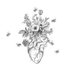 a drawing of a human heart with flowers and bees