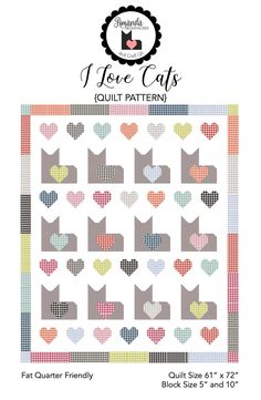 a quilt pattern with hearts on it and the words i love cats in different colors