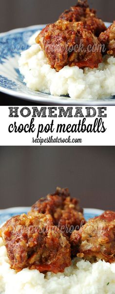 homemade crock pot meatballs with mashed potatoes on a blue and white plate