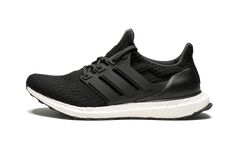 The adidas Ultra Boost women's running sneaker returns with a popular color combination of black and white. Black Primeknit takes over the upper, and a white Boost cushioning sole handles the bottom to create a versatile look. The tonal cage and heel overlays follow the upper’s black theme, and the innovative material resembles a ribbed knit. Embracing functionality, the adidas Ultra Boost is a neutral running shoe designed to give the wearer the ultimate running experience. | UltraBoost W Adidas Shoes Ultra Boost, Adidas Ultra Boost Women, Ultra Boost Women, Ultra Boosts, Adidas Ultraboost 4.0, Running Shoes Design, Running Sneakers Women, Black Theme, Neutral Running Shoes