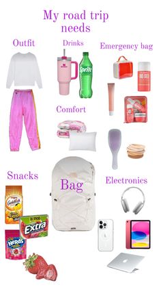 the contents of a travel bag are shown in purple and pink, along with other items