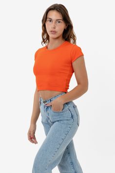 43035 - Cap Sleeve Baby Rib Crop Top – Los Angeles Apparel Trendy Seamless Cotton T-shirt, Basic Ribbed Cotton T-shirt, Basic Ribbed Cotton Tops, Orange Ribbed Crew Neck Top, Stretch Cotton Orange T-shirt, Orange Stretch Cotton Tops, Orange Stretch Cotton T-shirt, Solid Ribbed Cotton Top, Fitted Orange Ribbed Top