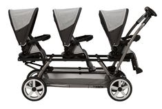 three strollers with four seats and wheels on the front, one is black and white