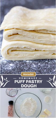 homemade puff pastry dough on a table with ingredients