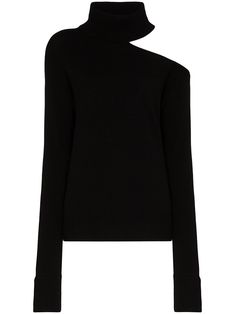 This black PAIGE Raundi cold shoulder turtleneck sweater is crafted with a wool blend and cut for a relaxed fit with long sleeves, an open shoulder, one dropped shoulder and ribbed trims. We love how easy this PAIGE top makes it to give our enemies the cold shoulder (we know they can't resist checking out our outfits). Black Turtle Neck, Cable Knit Jumper, Airport Fashion, Off Shoulder Sweater, Black Turtleneck, Knitwear Design, Turtle Neck Top, Sweater Black, Knit Jumper