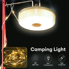 the camping light is lit up with fairy lights