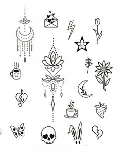 a bunch of tattoos that are drawn in black ink on white paper, with different designs