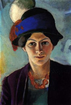 an image of a woman with a hat on her head and the words august macke above it