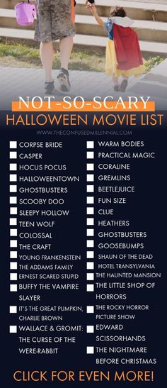 the halloween movie list is shown in orange and black with an image of two children holding hands