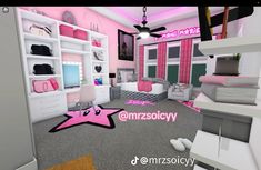 this is a pink and white bedroom with lots of shelves